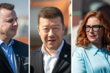 Zleva Jindřich Rajchl (PRO), Tomio Okamura (SPD) a Zuzana Majerová (Trikolora)