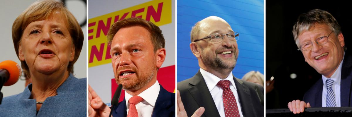 Zleva: Angela Merkelová (CDU/CSU), Christian Lindner (FDP), Martin Schulz (SPD) a Jörg Meuthen (AfD)