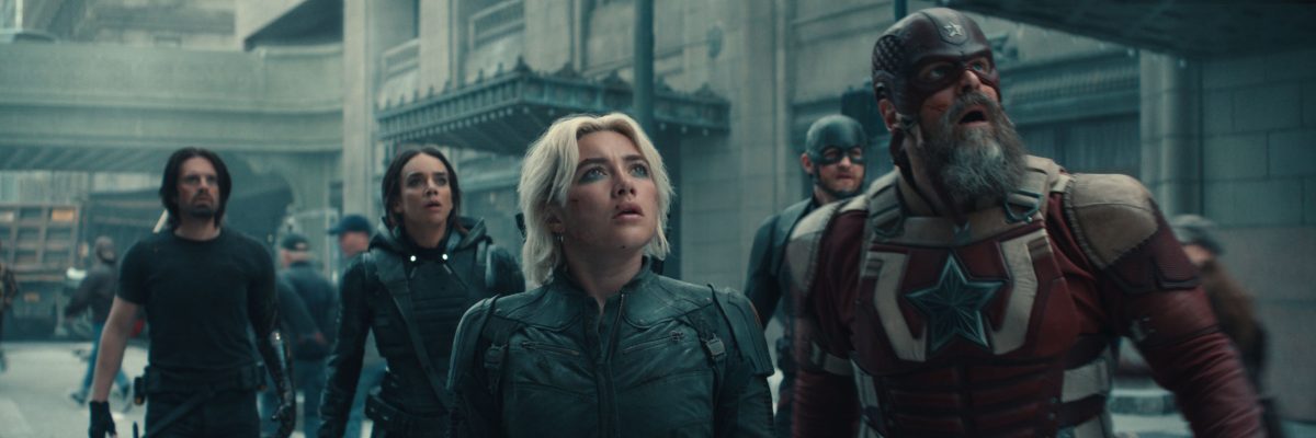 Sebastian Stan, Hannah John-Kamen, Florence Pugh, Wyatt Russell a David Harbour ve snímku Thunderbolts*