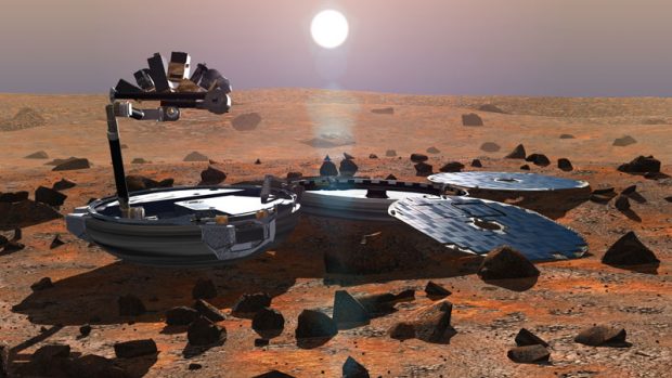 Modul Beagle 2 v pracovním rozložení na povrchu Marsu