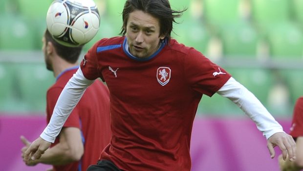 Tomáš Rosický na tréninku české fotbalové reprezentace v rámci fotbalového mistrovství Evropy 11. června v polské Vratislavi.