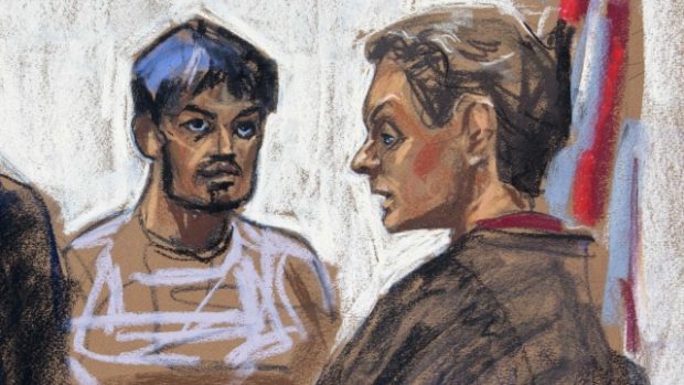 Kresba z výslechu Kazího Muhammada Rezvanula Ahsana Nafíze na Federálním úřadu vyšetřování v New Yorku