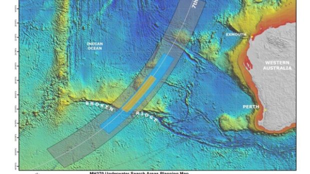 Mapa nového pátrání po pohřešovaném letadle  Malaysia Airlines letu 370 v jižním Indickém oceánu