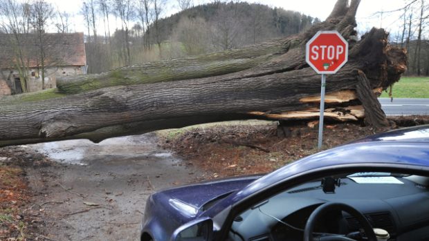 Spadlý strom přes vozovku nedaleko Mochtína na Klatovsku