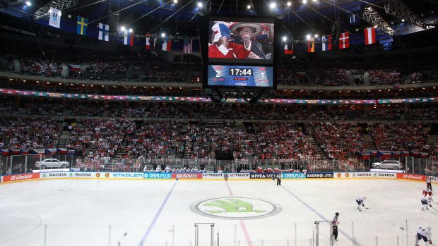 O2 arena během základní skupiny MS v hokeji 2015 Česko vs. Francie