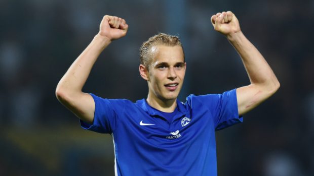 Úvodní zápas 4. předkola fotbalové Evropské ligy Slovan Liberec - Hajduk Split 20. srpna v Liberci. Autor jediného gólu Lukáš Pokorný z Liberce