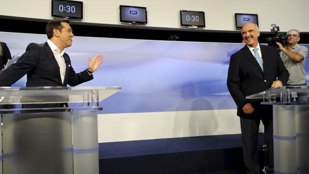 Televizní debata, ve které vystoupil Alexis Tsipras (vlevo) a Vangelis Meimarakis