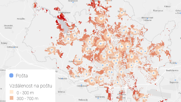 Brno, vzdálenost od spádové pošty