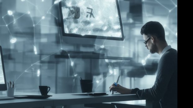 Obrázek vytvořený neuronovou sítí Stable Diffusion na základě zadání &quot;Man writing on computer in the office, AI, robotic, matte painting, HQ, 4k“