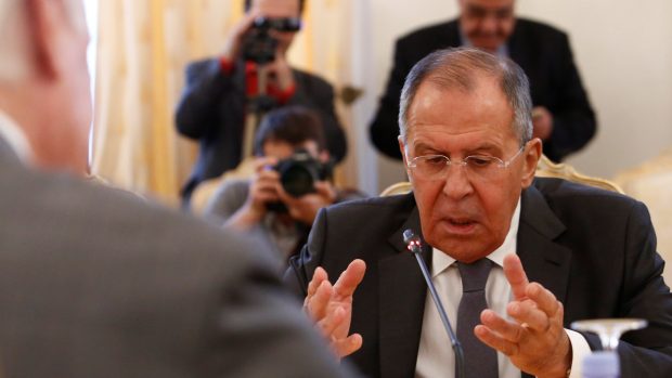 Ruský ministr zahraničních věcí Sergej Lavrov na mítinku OSN v Moskvě.