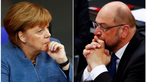 Německá kancléřka Angela Merkelová (CDU/CSU) a šéf sociálních demokratů Martin Schulz (SPD)