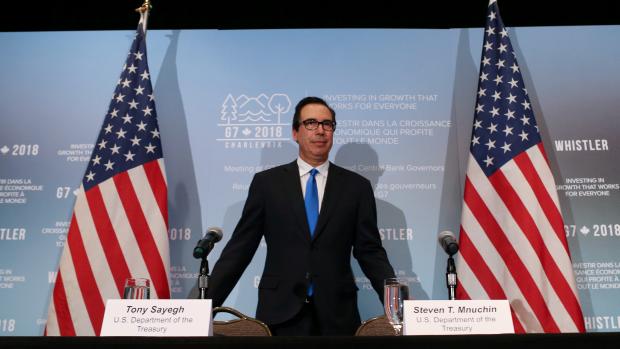 Ministr financí USA Steven Mnuchin na setkání nejvyšších finančních představitelů skupin sedmi největších ekonomik světa G7 v Kanadě.