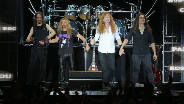 kapela Megadeth, Dirk Verbeuren, James LoMenzo, Dave Mustaine, Kiko Loureiro na festivalu Riverside Festival 25. srpna 2023 v Aarburgu ve Švýcarsku