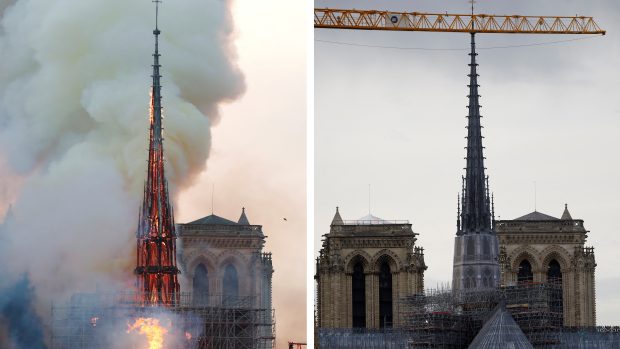 Pohled na věž v plamenech a pohled na novou věž katedrály Notre-Dame