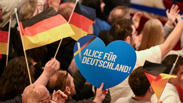 Lidé na předvolební akci Alternativy pro Německo (AfD) v Heidenheimu