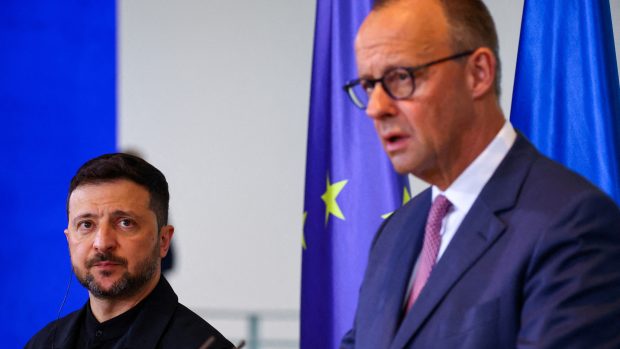 Volodymyr Zelenskyj na státní návštěvě v Německu s kancléřem Friedrichem Merzem