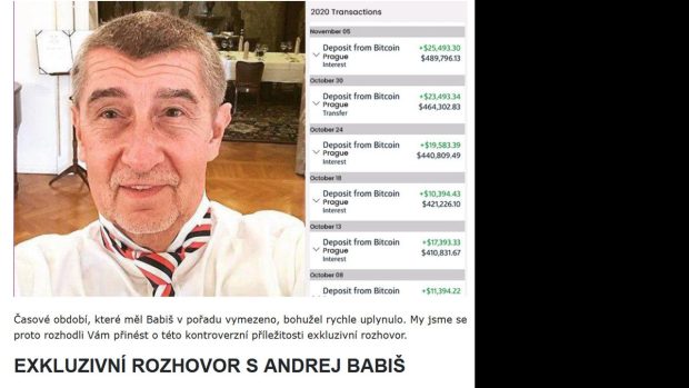 snímek obrazovky z podvodného webu, který láká z lidí peníze s pomocí falešného rozhovoru s premiérem Babišem (ANO)