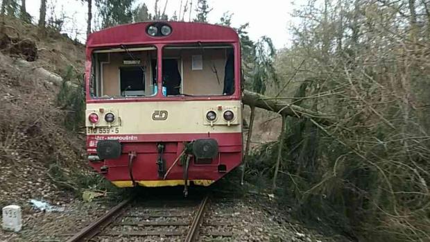 Spadlý strom poškodil osobní vlak poblíž obce Chyše na Karlovarsku