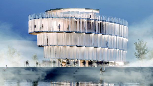 Vítězný soutěžní návrh českého pavilonu na EXPO 2025 v japonské Ósace, autoři: Tomáš Beránek, Michal Gabaš (Apropos Architects); Nikoleta Slováková; Tereza Šváchová; vizualizace: Pavel Vinter (ZAN studio)