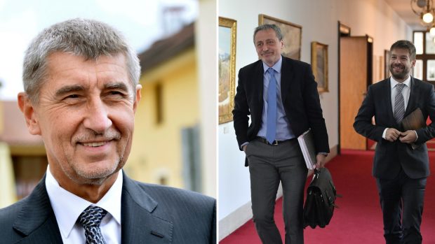 Ministr financí Andrej Babiš, ministr obrany Martin Stropnický a ministr spravedlnosti Robert Pelikán. Všichni tři z hnutí ANO.