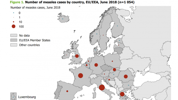 Mapa výskytu spalniček  v zemích Evropské unie a Evropského hospodářského prostoru v červnu 2018