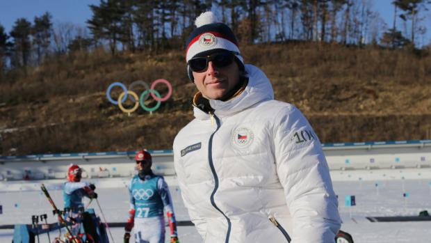 Ondřej Rybář na tréninku v Alpensia Biathlon Centre před zahájením zimních olympijských her.