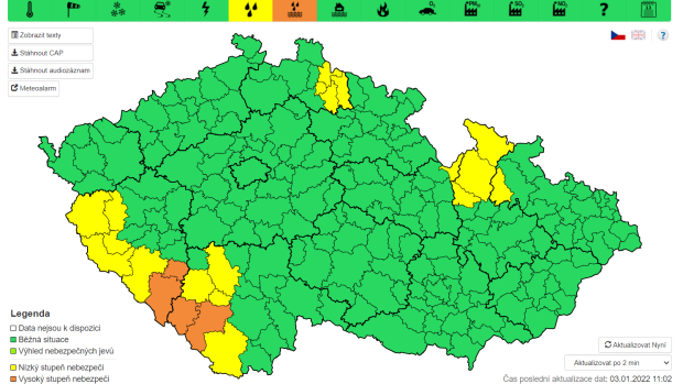 Varování ČHMÚ před deštěm a povodněmi na jihu Čech, v Krkonoších a Jeseníkách (3.1.2022)