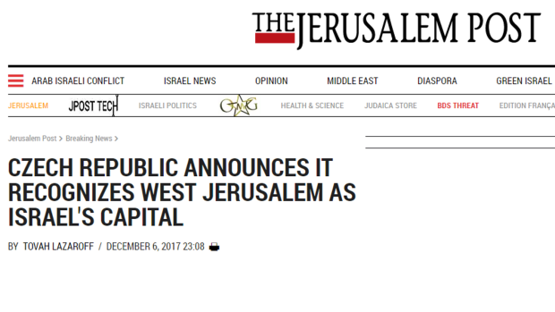 Přední izraelský deník Jerusalem Post ve středu večer vydal na svém webu jako bleskovou zprávu prohlášení českého ministerstva zahraničí k Jeruzalému