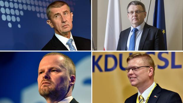 Předseda ANO Andrej Babiš, volební lídr ČSSD Lubomír Zaorálek, šéf ODS Petr Fiala a předseda KDU-ČSL Pavel Bělobrádek
