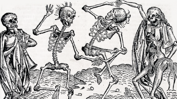 Danse macabre, dřevoryt slavného německého malíře a grafika Michaela Wolgemuta (1434-1519). Motiv tance smrti, který zdůrazňuje pomíjivost pozemského žití, v evropském umění obzvlášť vzkvétal v dobách velkých morových ran. Stejně tak kostliví jezdci byli v minulosti chápáni jako zlovolná předzvěst nemoci, nebo rovnou její roznašeči.