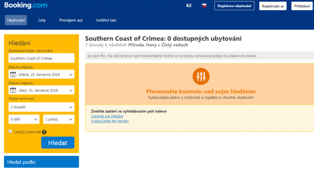 Zprostředkovatel a vyhledávač ubytování Booking.com blokuje možnost rezervace na Ruskem anektovaném Krymu.