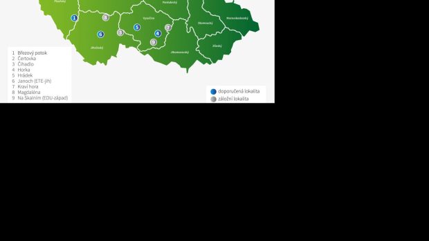 Mapa navrhovaných lokalit pro hlubinné úložiště jaderného odpadu