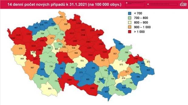 Počet nových případů za 14 dní k 31.12.2020