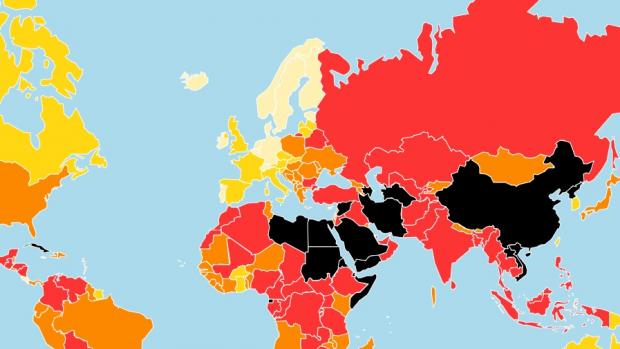 Mapa svobody tisku sestavená Reportéry bez hranic