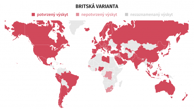 Rozšíření britské varianty koronaviru SARS-CoV-2 na počátku března 2021 podle dat WHO