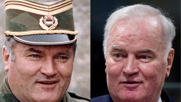 Ratko Mladić na archivním snímku z roku 1993 (vlevo) a krátce před vynesením rozsudku v Haagu 22. listopadu 2017.