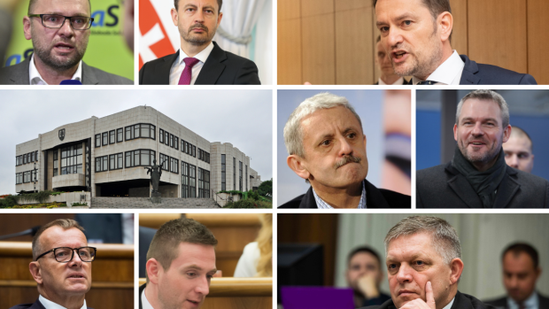 Richard Sulík (SaS), Eduard Heger (OĽaNO), Igor Matovič (OĽaNO), budova Národné rady Slovenské republiky, Mikuláš Dzurinda (Modrá koalícia), Peter Pellegrini (Hlas), Boris Kollár (Sme rodina), Milan Uhrík (Republika) a Robert Fico (Smer)