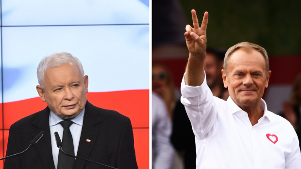 Lídři hlavních polských stran Jaroslaw Kaczyński (vlevo) a Donald Tusk