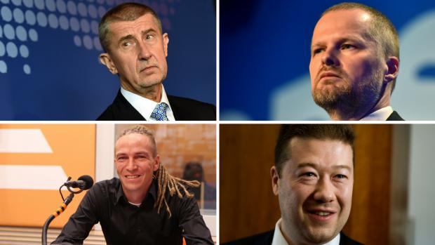 Předsedové čtyř stran, které se na prvních místech dostaly do snemovny. Šéf ANO Andrej Babiš, šéf ODS Petr Fiala, šéf Pirátů Ivan Bartoš, šéf SPD Tomio Okamura