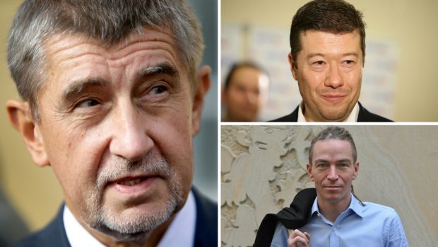 Premiér Andrej Babiš, šéf SPD Tomio Okamura a předseda pirátů Ivan Bartoš