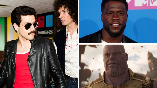 Ze snímku Bohemian Rhapsody (vlevo), komik Kevin Hart (vpravo nahoře) a foto z filmu Avengers: Infinity War (vpravo dole)