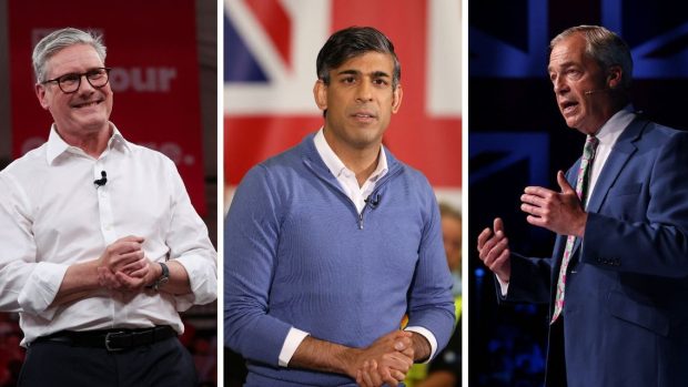 Lídr labouristů Keir Starmer (vlevo), lídr konzervativců Rishi Sunak (uprostřed) a šéf strany Reform UK Nigel Farage