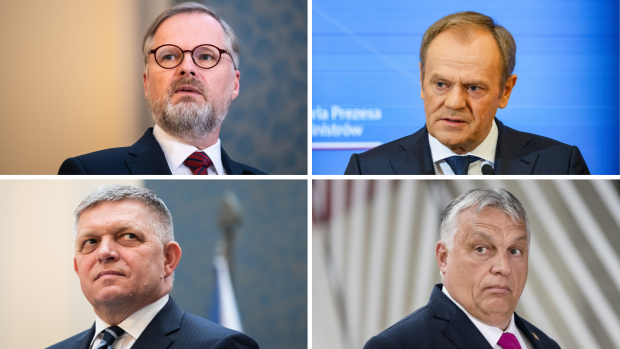 Premiéři zemí V4: Petr Fiala, Donald Tusk, Robert Fico a Viktor Orbán