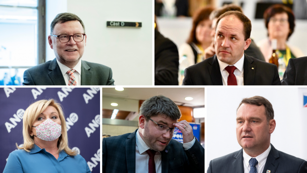 Pět ze sedmi parlamentních stran a hnutí si v úterý zvolilo předsedy svých poslaneckých klubů. SPD povede Radim Fiala (vpravo dole), ODS Zbyněk Stanjura (vlevo nahoře), lidovce Marek Výborný (vpravo nahoře), TOP 09 Jan Jakob a hnutí ANO Alena Schillerová.