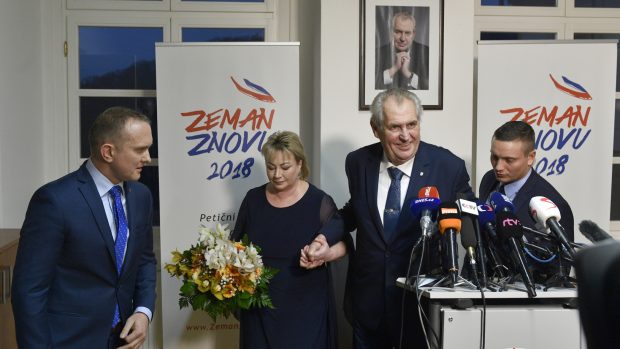 Prezident Miloš Zeman na tiskové konferenci po oznámení výsledků prvního kola prezidentské volby v sídle SPO v pražské Loretánské ulici