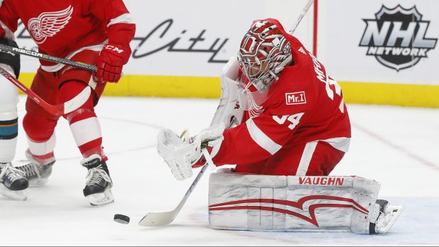 Petr Mrázek při posledním zápase proti San Jose Sharks