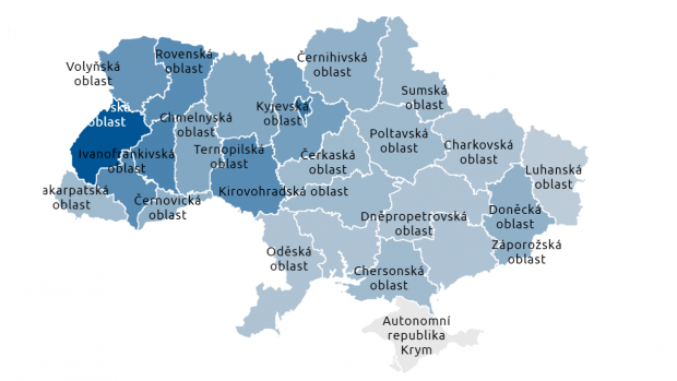 Volební zisk Petra Porošenka v jednotlivých regionech v prvním kole ukrajinských prezidentských voleb 2019