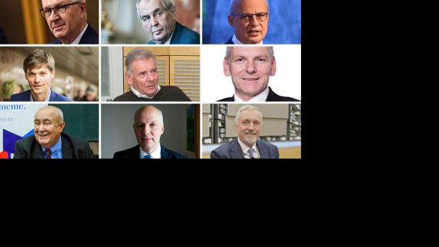 Prezidentské volby 2018: Drahoš, Zeman, Horáček, Hilšer, Kulhánek, Hynek, Hannig, Fischer a Topolánek.