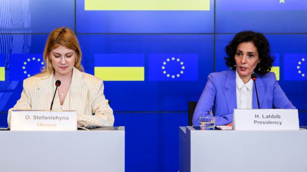 Belgian Foreign Minister Hadja Lahbib (C) speaks next to Deputy Prime Minister for European and Euro-Atlantic Integration of Ukraine Olga Stefanishyna during a press conference after an Intergovernmental Conference focus on the accession of Ukraine during a General Affairs Council to the European Union at the EU Council building in Luxembourg on June 25, 2024.