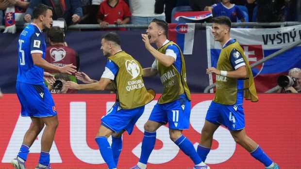 Slováci se radují z gólu Davida Strelce (vlevo)